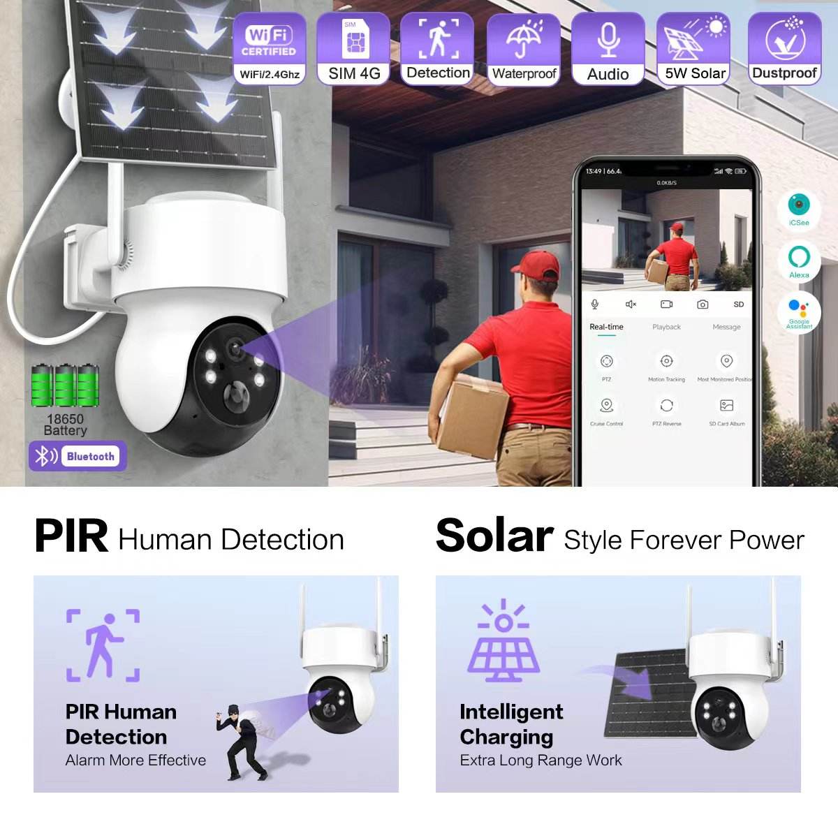 ICSEE 4MP Solar CCTV Outdoor Waterproof Camera With Long Standby 6000 mah Low Power Battery 4G SIM Card Night Vision