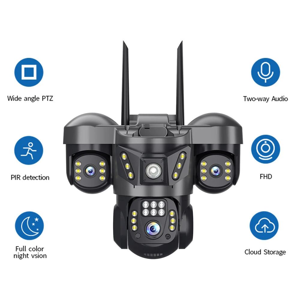 V380 New Adjustable 3 Lens and 3 Screen Black 6MP Security CCTV Wireless SIM Card 4G Network PTZ 3 Lenses Camera