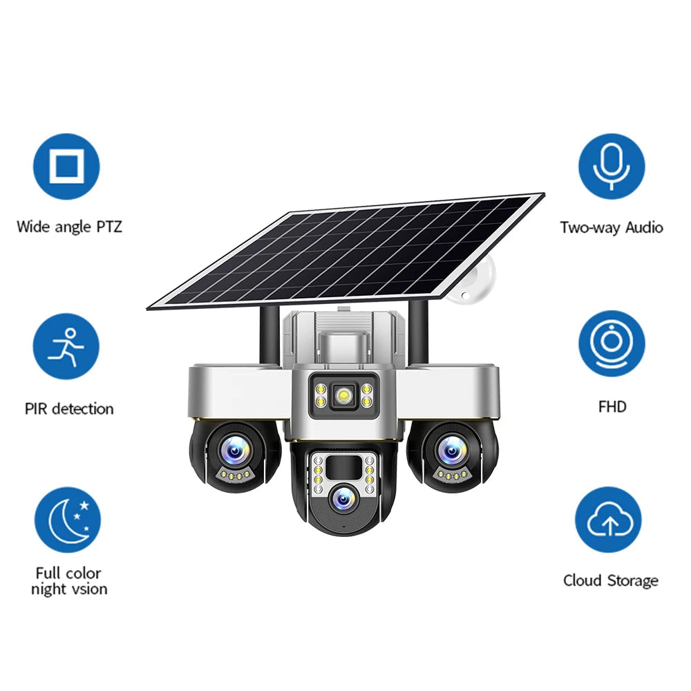 V380 New Solar 4G 3 PTZ 3 Screen VTS30-G-F Security Monitoring Camera CCTV Solar Camera