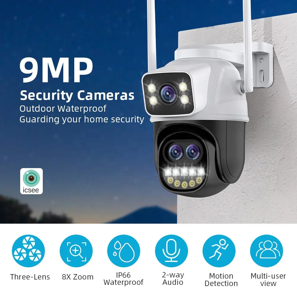 9MP Triple Lens ICSEE PTZ WiFi Camera Outdoor Human Auto Tracking Wireless Security WiFi Camera