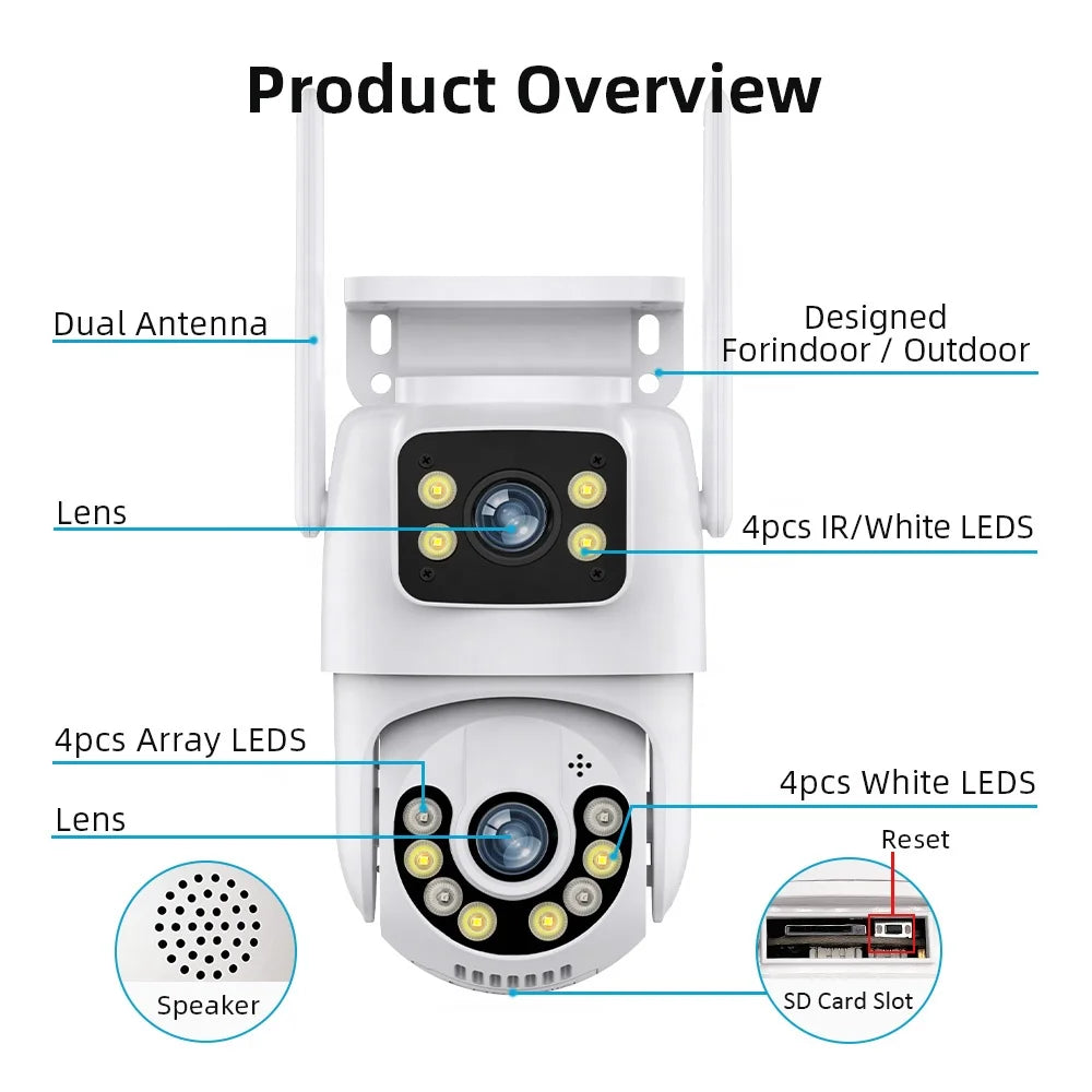 Dual Lens 6MP ICSEE Wireless WiFi Camera Home Security Color Night Vision Auto Tracking Outdoor WiFi PTZ Camera