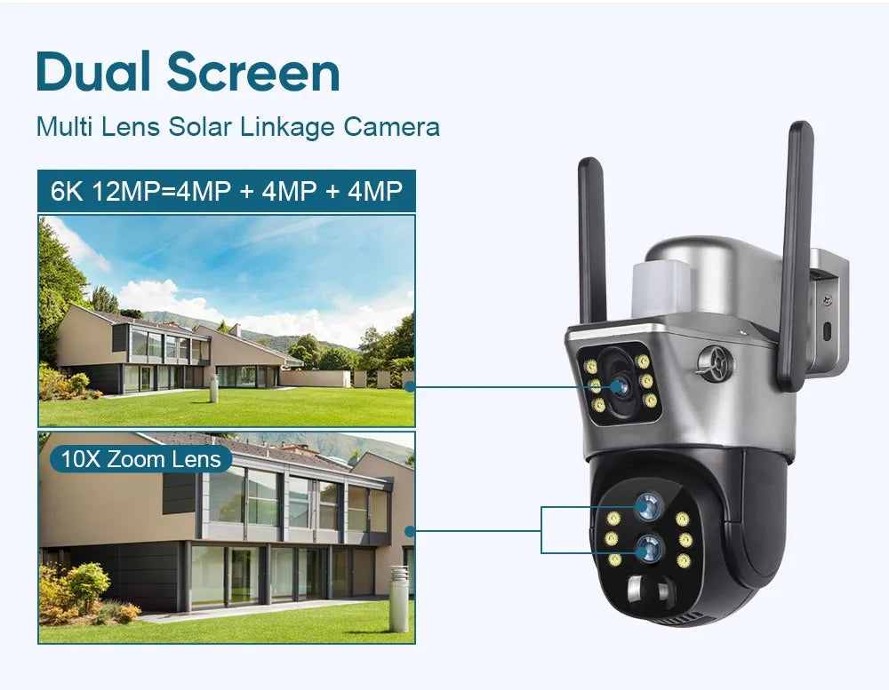 V380 Pro 10x Zoom 3 Lens Solar Camera 6K 12MP Ultra High Definition Outdoor PTZ Camera IP66 Waterproof Home Security CCTV Camera