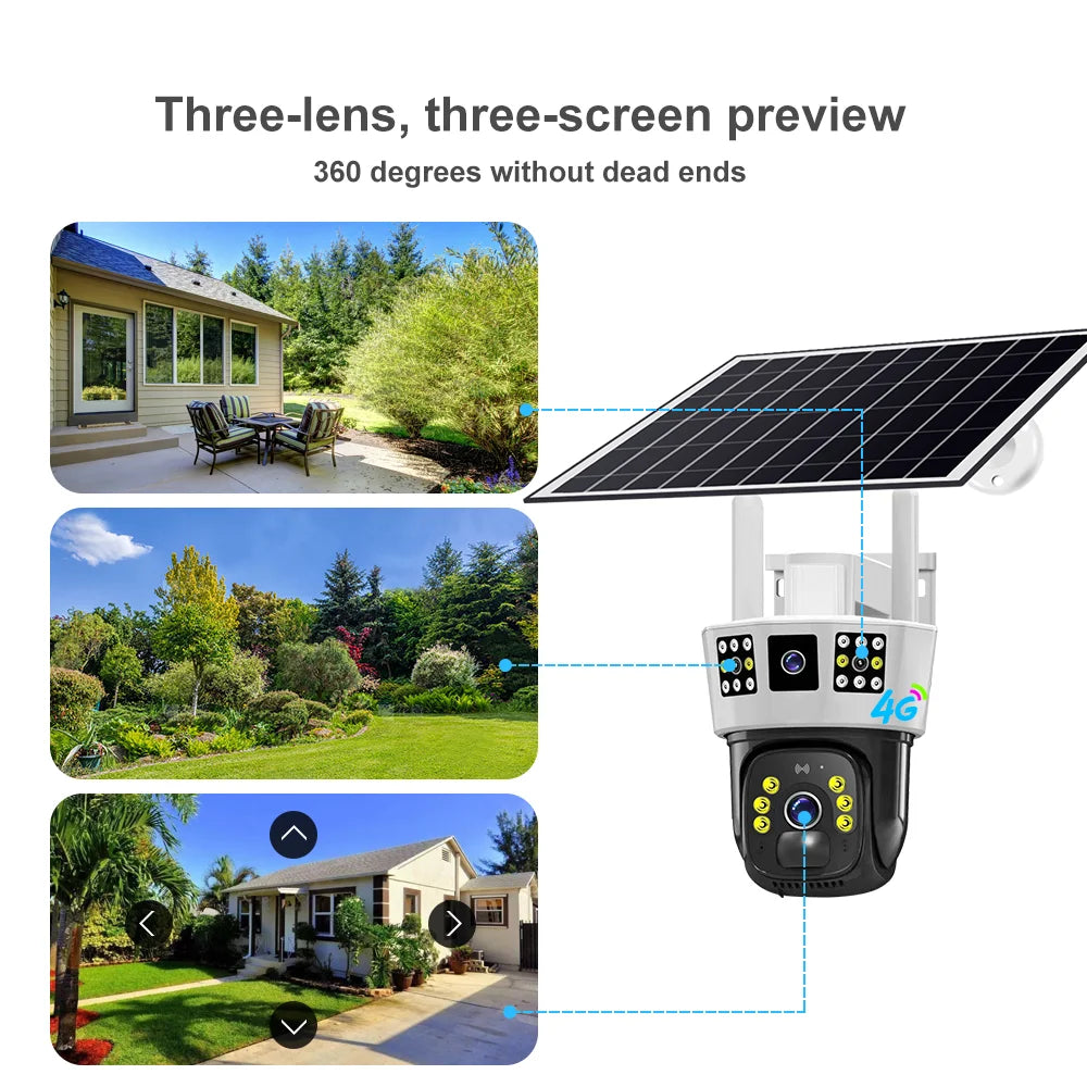 New V380 3 Screens 4MP Solar Battery Powered Camera Solar Power CCTV 4G IP PTZ Dual Lens 3 Screens Camera