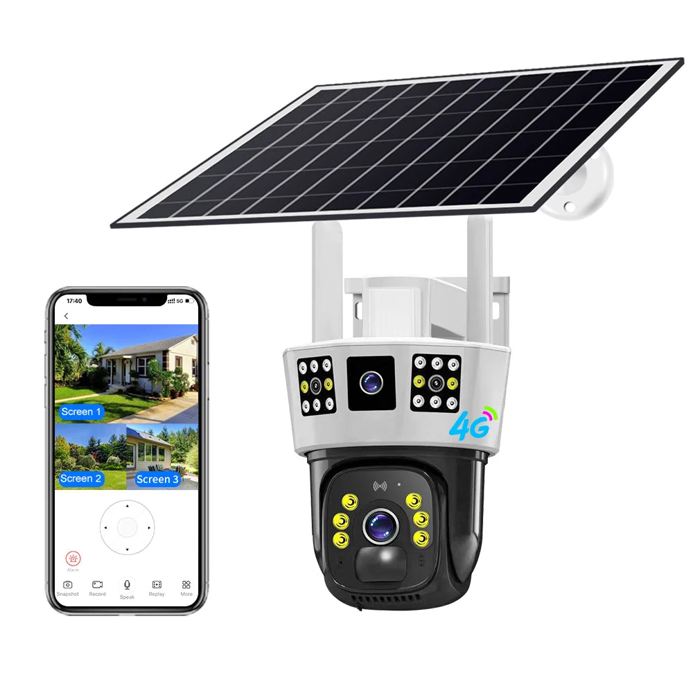 New V380 3 Screens 4MP Solar Battery Powered Camera Solar Power CCTV 4G IP PTZ Dual Lens 3 Screens Camera