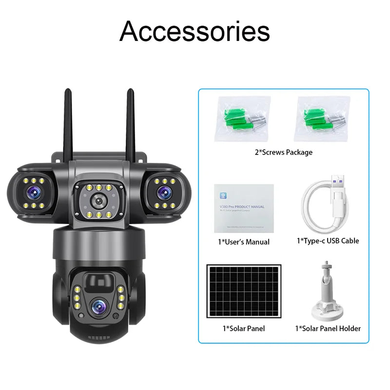 V380 Pro Triples-Lens 4G Solar CAMERA With Solar Panel Network Camera CCTV Camera