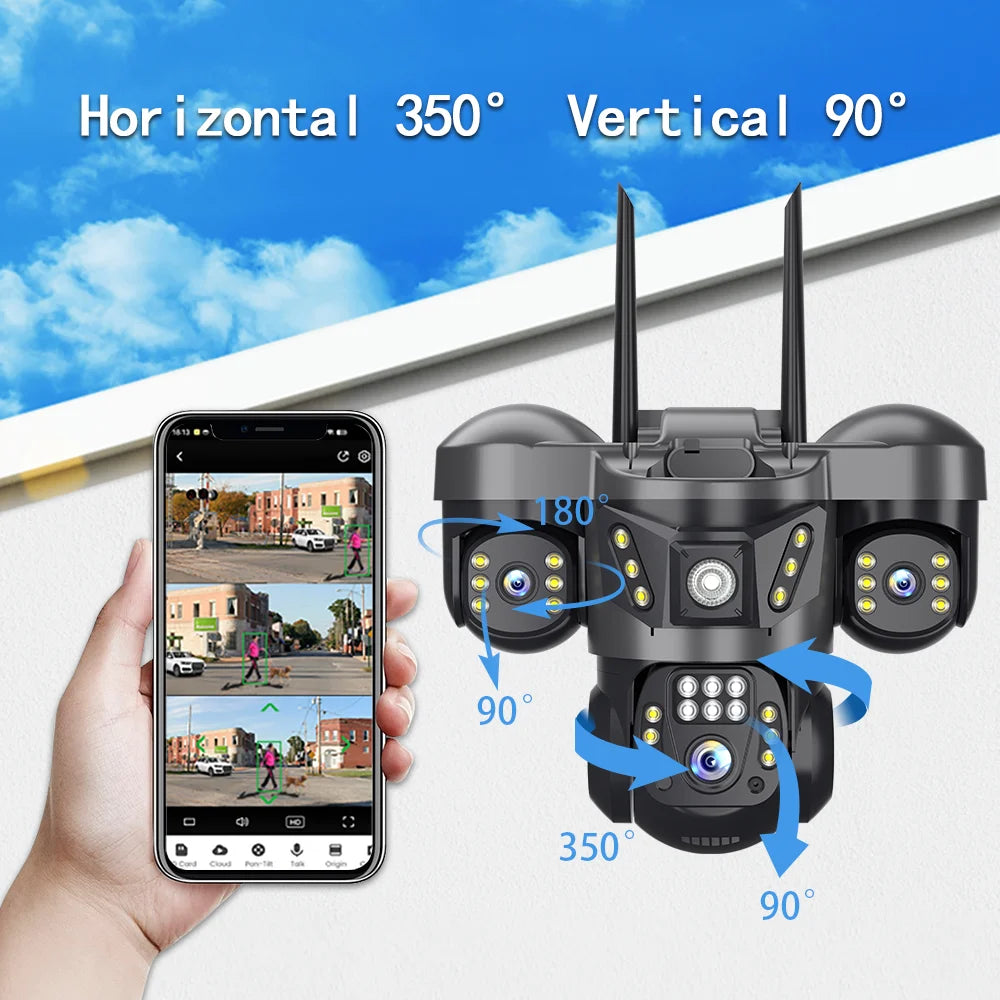 V380 New Adjustable 3 Lens and 3 Screen Black 6MP Security CCTV Wireless SIM Card 4G Network PTZ 3 Lenses Camera