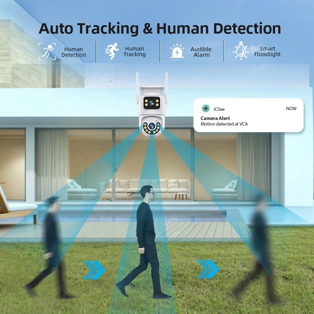Dual Lens 6MP ICSEE Wireless WiFi Camera Home Security Color Night Vision Auto Tracking Outdoor WiFi PTZ Camera