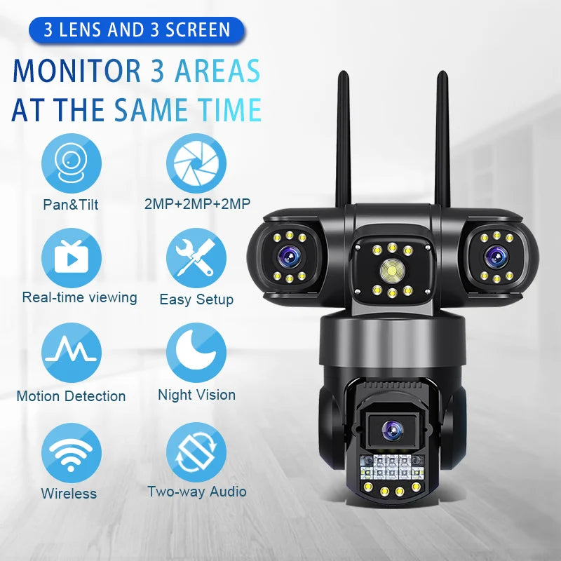 Hot Sales 3 Lenses 3 Screens Outdoor WiFi Waterproof PTZ Camera Home Protection CCTV Security Camera