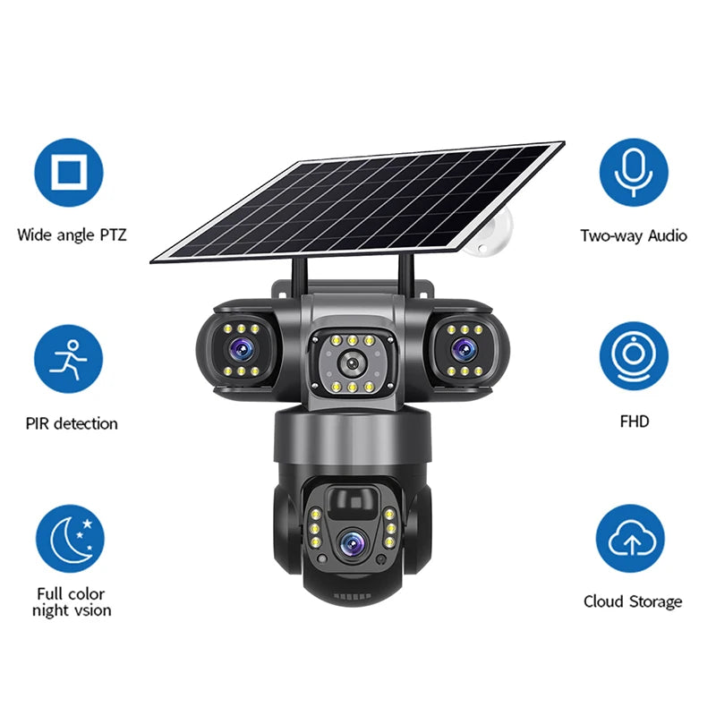 V380 Pro Triples-Lens 4G Solar CAMERA With Solar Panel Network Camera CCTV Camera