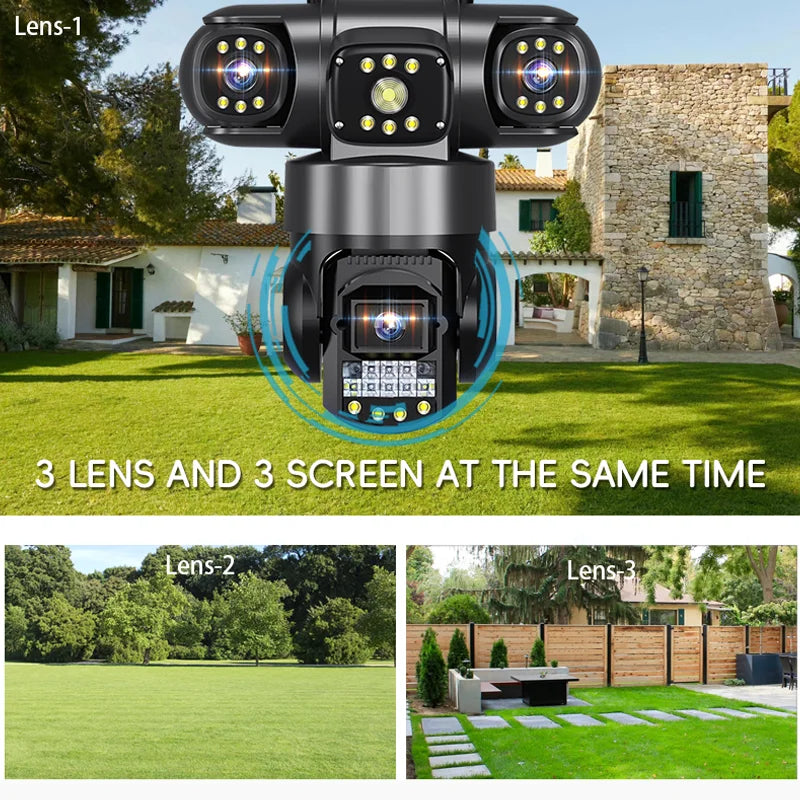 Hot Sales 3 Lenses 3 Screens Outdoor WiFi Waterproof PTZ Camera Home Protection CCTV Security Camera