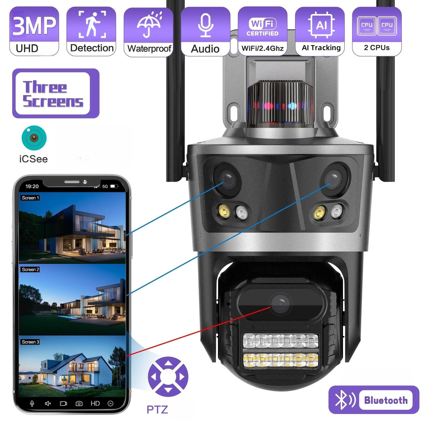 9MP Triple Lens Three Screen Auto Human Tracking Color Night Vision PTZ Outdoor Wireless CCTV Camera Security ICSEE WiFi Camera