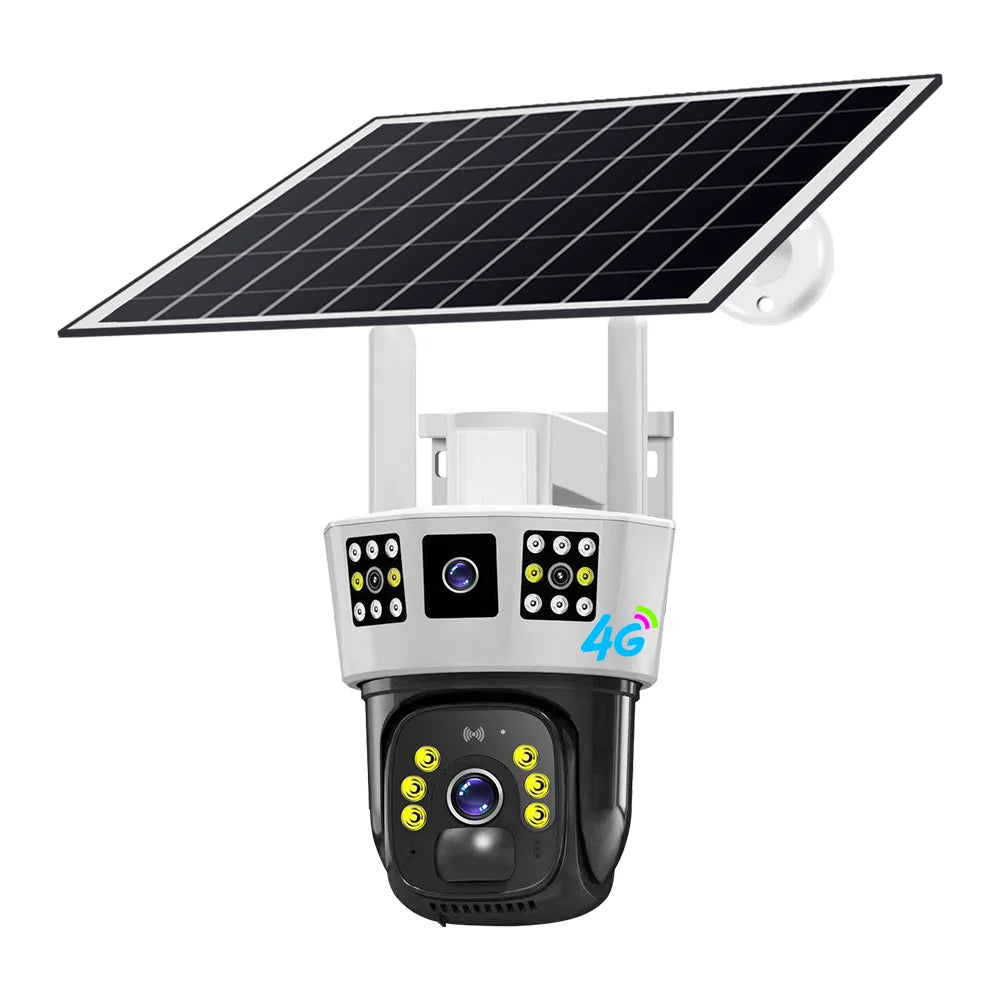 New V380 3 Screens 4MP Solar Battery Powered Camera Solar Power CCTV 4G IP PTZ Dual Lens 3 Screens Camera