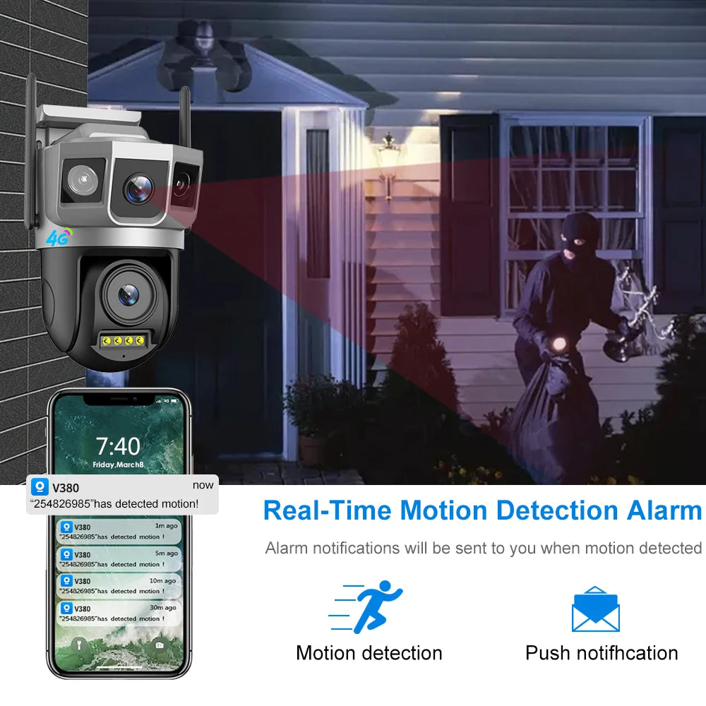 V380 Pro Two-Way Voice Intercron 4G SIM Card Outdoor Camera Dual Lens 3 Views 4G Camera