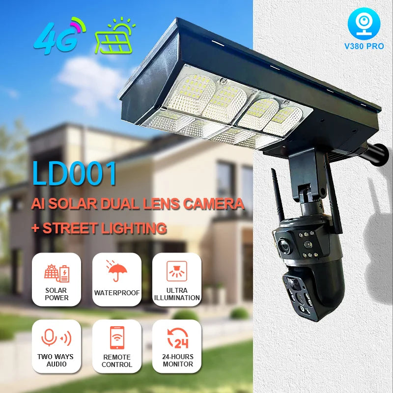 New V380 6MP Solar Battery Powered Camera Solar Power CCTV 4G IP PTZ Dual Lens 3 Screens Camera and Street Light