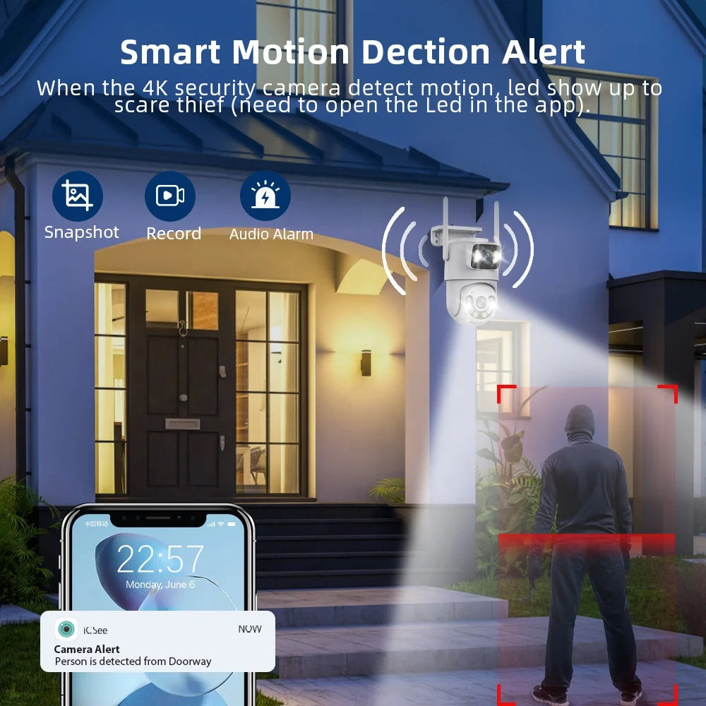 Dual Lens 6MP ICSEE Wireless WiFi Camera Home Security Color Night Vision Auto Tracking Outdoor WiFi PTZ Camera