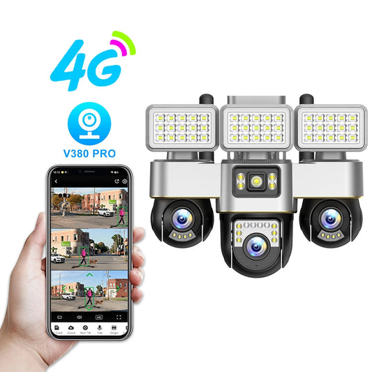 V380 New Arrival 3 PTZ and 3 Screens 6MP 4G Outdoor Security CCTV Camera Network PTZ Triple Screens Camera