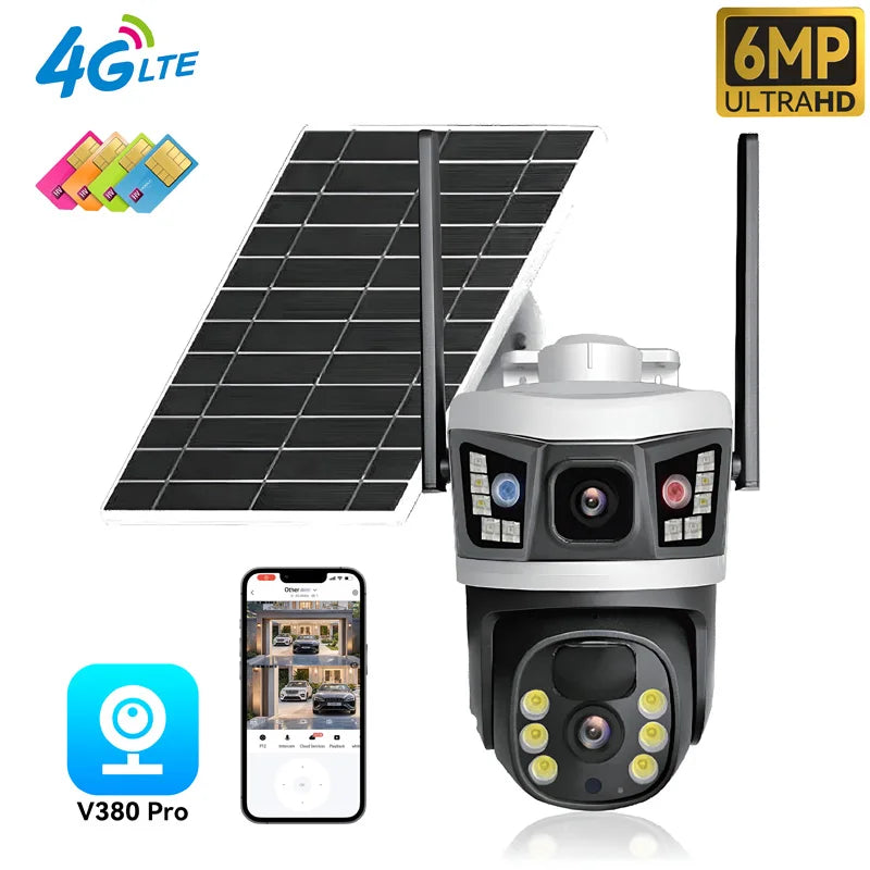 Hot Sales V380 Pro 6MP Dual Lens Solar Camera 4G WiFi PTZ Network Camera 3K CCTV Outdoor Security Camera IP66 Waterproof