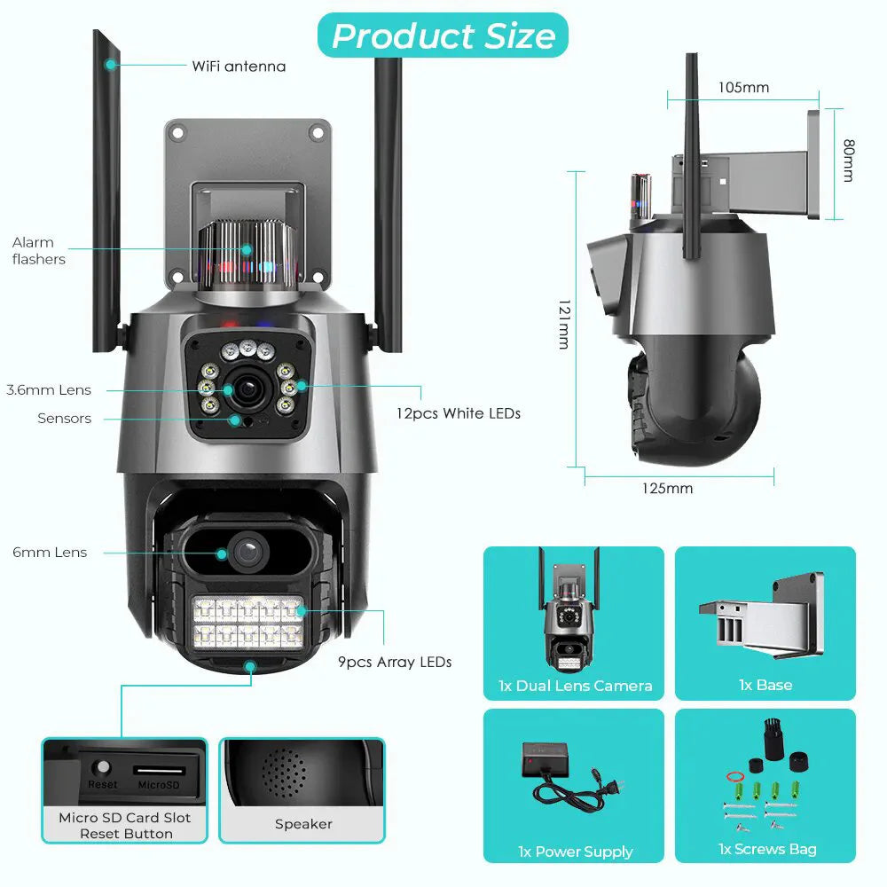 V380 New 3.5Inch Dual Lens PTZ Camera Black 6MP WiFi Security CCTV Wireless IP Security Network Dual Lens PTZ Camera