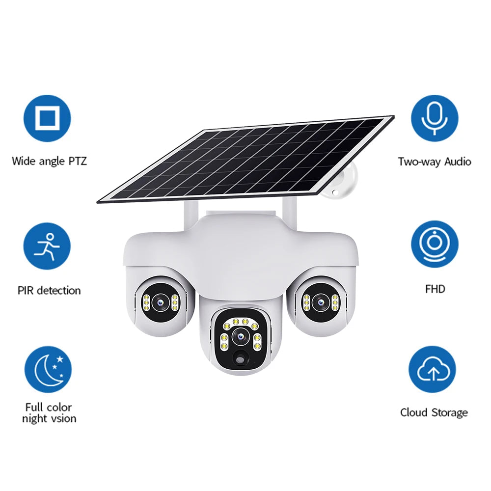V380 New Solar Camera 4G White 3 PTZ 3 Screen VTS31-G-F Outdoor Solar Powered Camera CCTV Security Camera