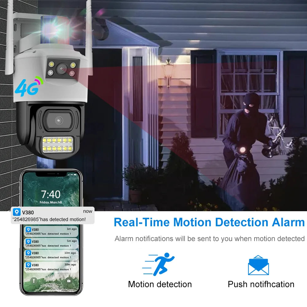 V380 4G SIM Card Outdoor Waterproof Camera With Two Way Audio Auto Tracking Motion Detection Monitoring