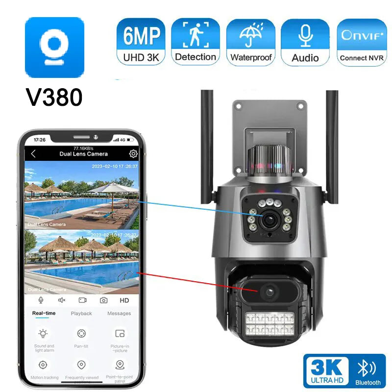 V380 New 3.5Inch Dual Lens PTZ Camera Black 6MP WiFi Security CCTV Wireless IP Security Network Dual Lens PTZ Camera