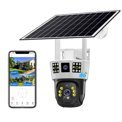 New V380 3 Screens 4MP Solar Battery Powered Camera Solar Power CCTV 4G IP PTZ Dual Lens 3 Screens Camera