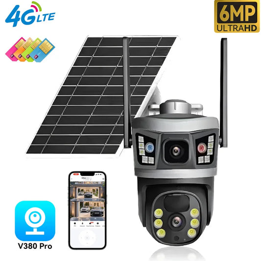 Hot Sales V380 Pro 6MP Dual Lens Solar Camera 4G WiFi PTZ Network Camera 3K CCTV Outdoor Security Camera IP66 Waterproof