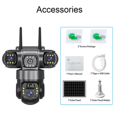 V380 Pro Triples-Lens 4G Solar CAMERA With Solar Panel Network Camera CCTV Camera