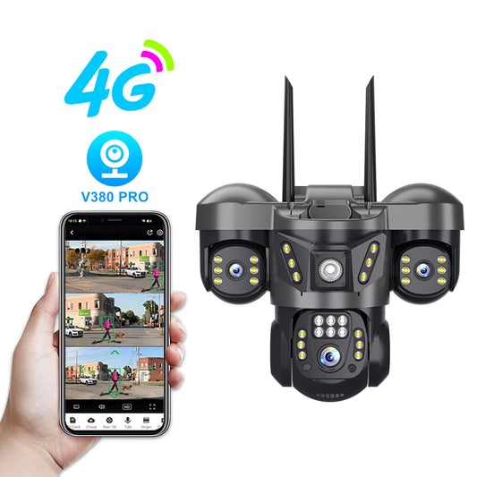 V380 New Solar Powered 3-Lens 3-Screen PTZ Camera SC29-G 6MP 4G SIM Card Security CCTV IP Three Lens Network Three Screen Camera