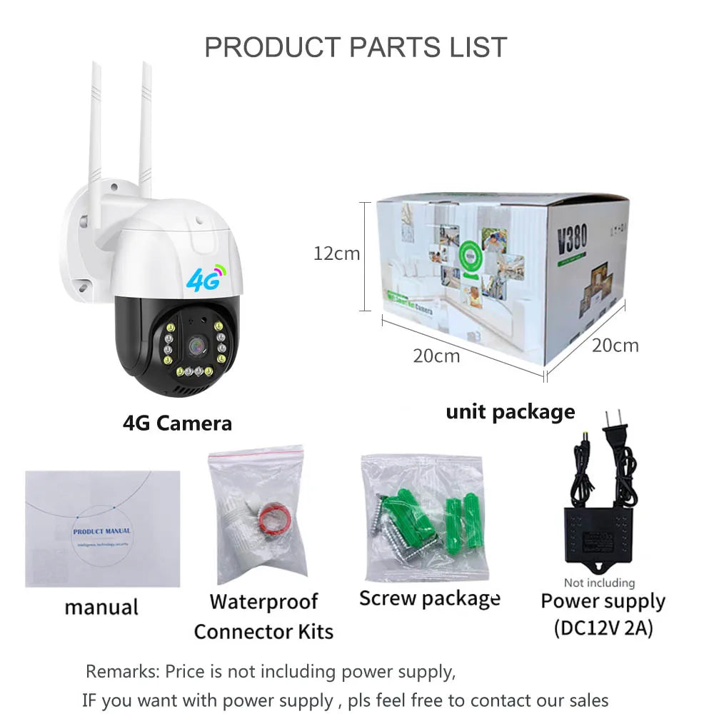 V380 IP66 Outdoor 2.8 Inch PTZ Camera 4G Security Camera Colorful IR Night Vision 3MP Auto Tracking PTZ 4G Camera
