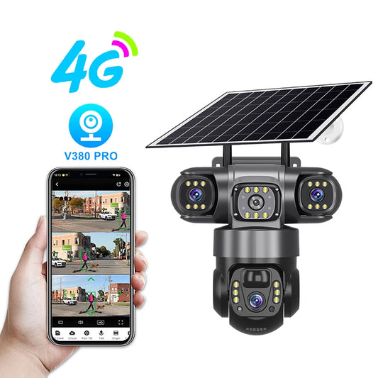 V380 Pro Triples-Lens 4G Solar CAMERA With Solar Panel Network Camera CCTV Camera