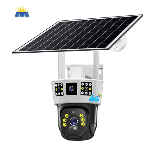 New V380 3 Screens 4MP Solar Battery Powered Camera Solar Power CCTV 4G IP PTZ Dual Lens 3 Screens Camera