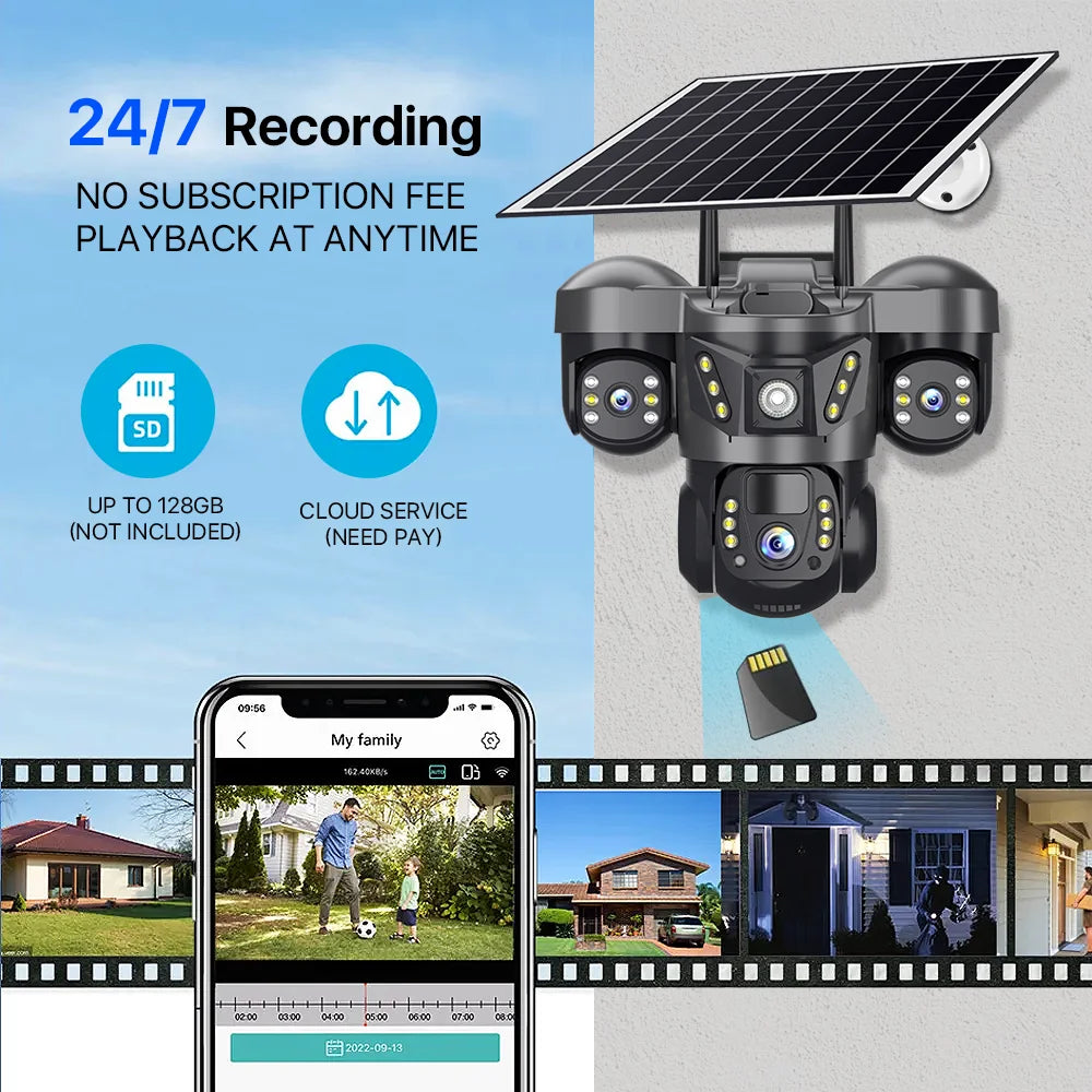 V380 New Solar Powered 3-Lens 3-Screen PTZ Camera SC29-G 6MP 4G SIM Card Security CCTV IP Three Lens Network Three Screen Camera