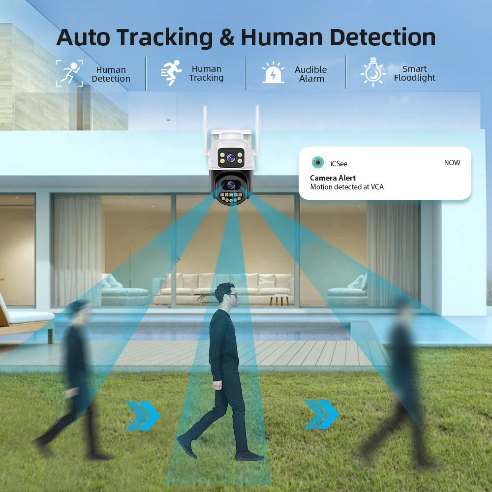 Hot Sales ICSEE Smart 360 PTZ Auto Tracking 6MP Dual Lens Camera Color Night Vision IP Home Security Wireless CCTV Outdoor WiFi Camera